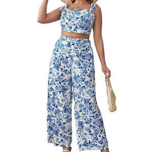 FLOERNS Women 2 Piece Plus Sz Set/ Crop Top/Wide Leg Pants  Sz: 2XL Blue Floral